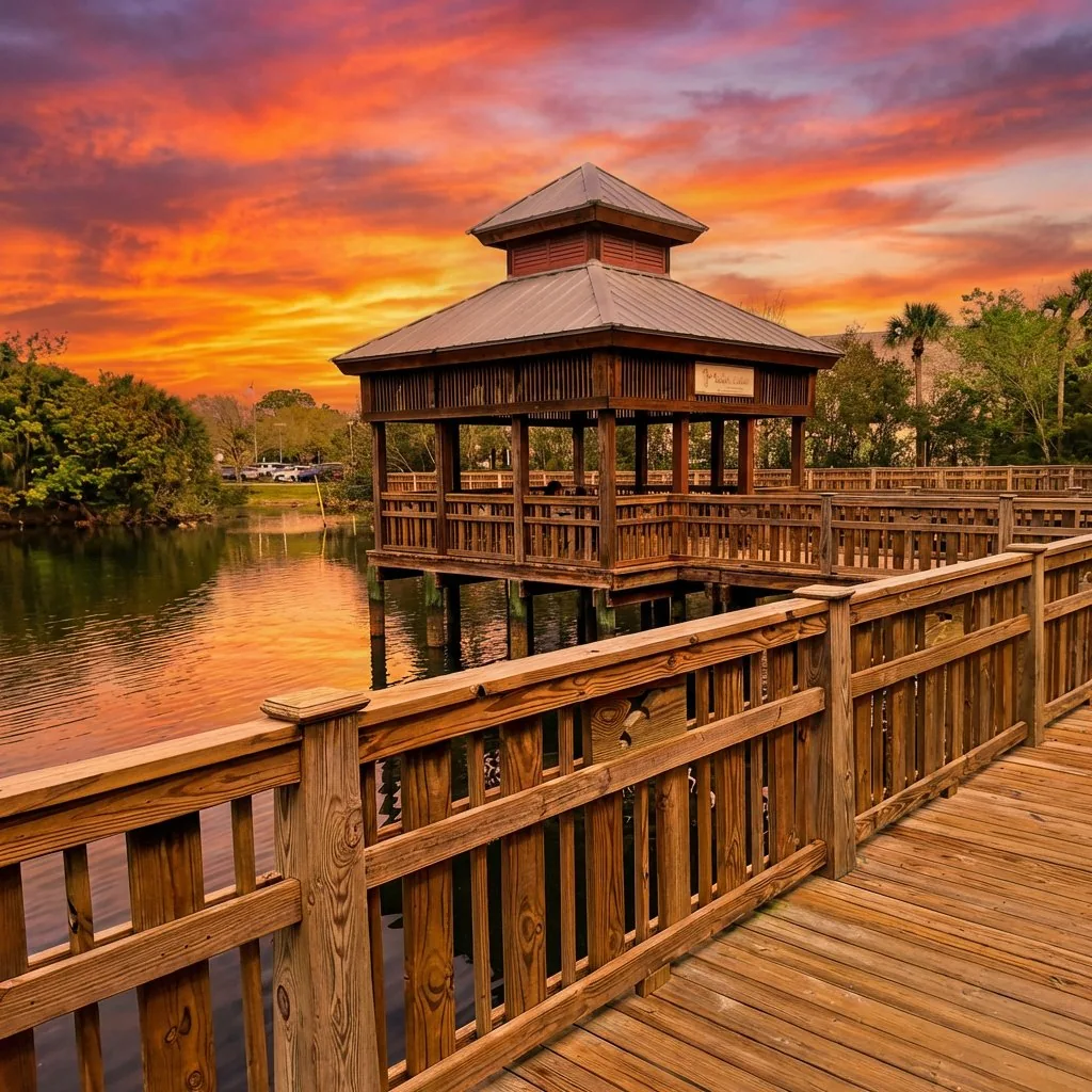 Sunset over a wooden boardwalk gazebo at Bird Island Park in Ponte Vedra near Jacksonville