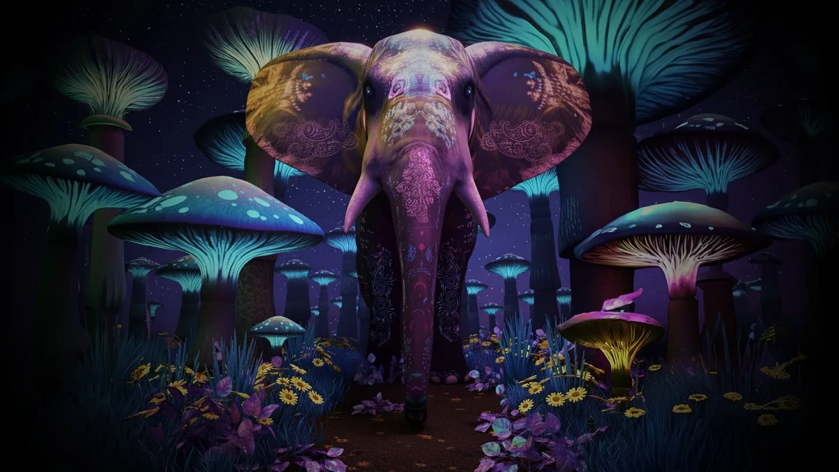The Unreal Garden holographic forest with elephant at Mind Bender AR Jacksonville Beach