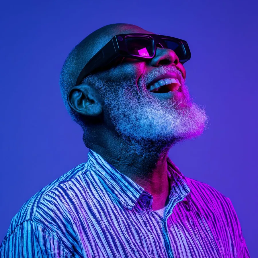 Guest wearing AR glasses looking up in wonder at the Verse Immersive experience at Mind Bender Jacksonville Beach
