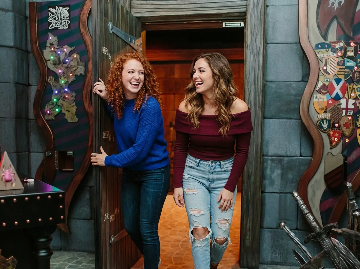 Two friends laughing inside The Four Kingdoms escape room at Mind Bender AR