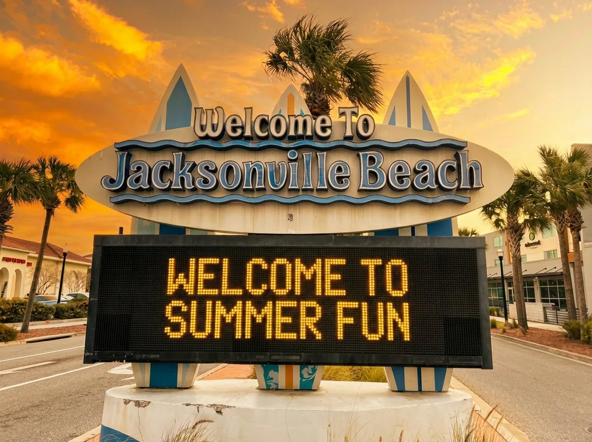 Welcome to Jacksonville Beach sign at sunset with palm trees and surfboard pillars