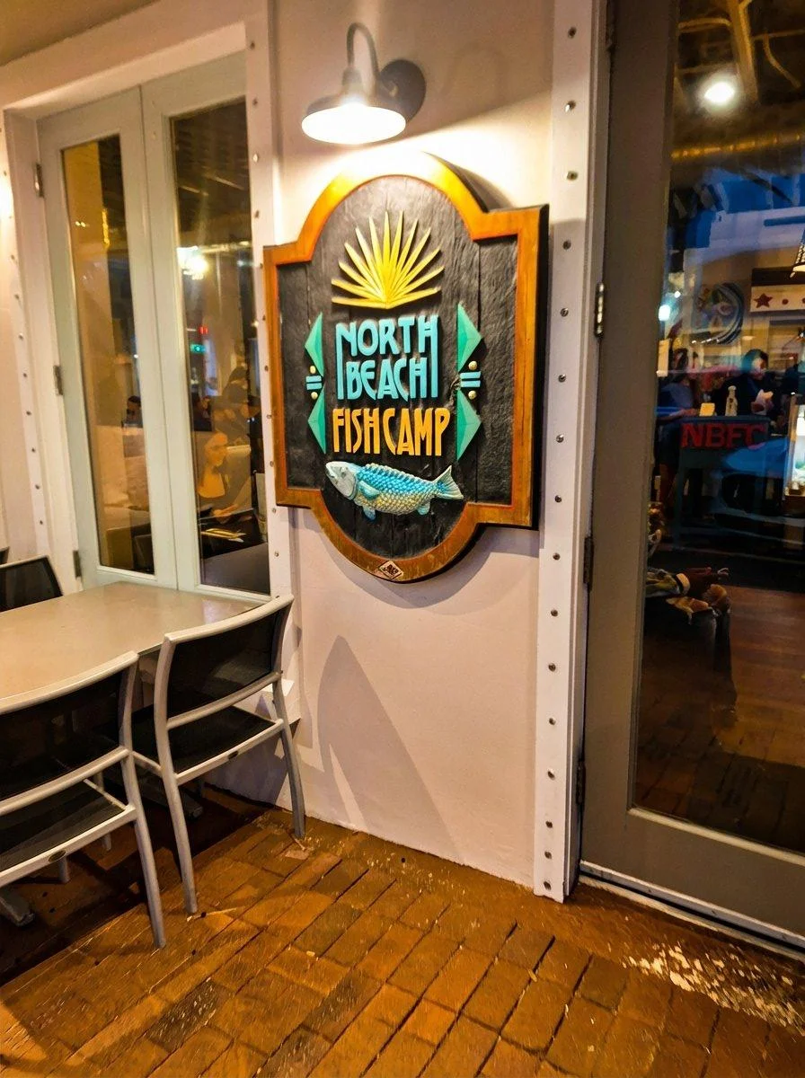 North Beach Fish Camp sign in Atlantic Beach Jacksonville — best seafood restaurant on the First Coast