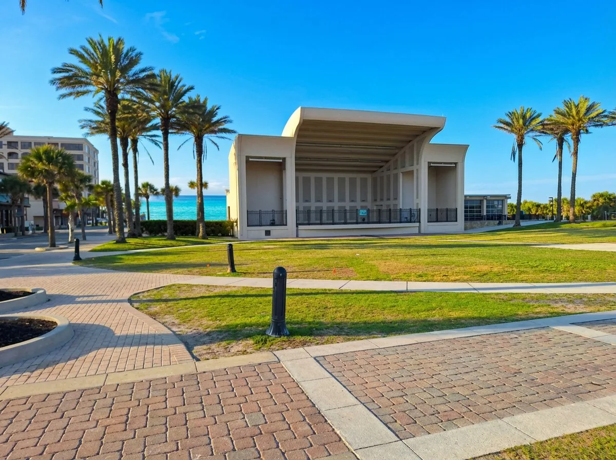 Seawalk Pavilion amphitheater at Jacksonville Beach with palm trees and ocean view