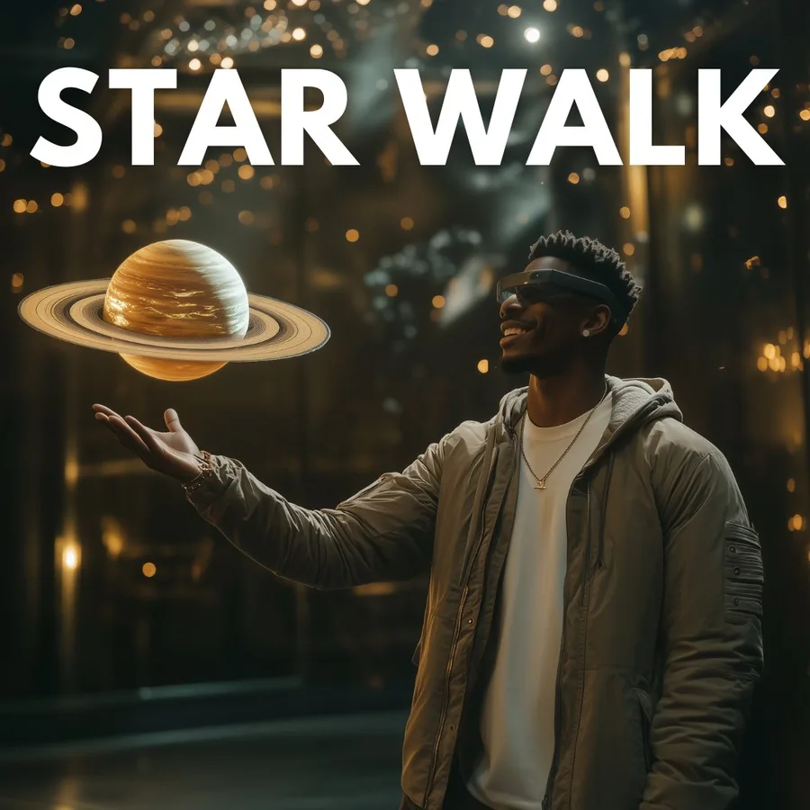 Guest holding holographic Saturn in Star Walk AR experience at Mind Bender AR Jacksonville Beach