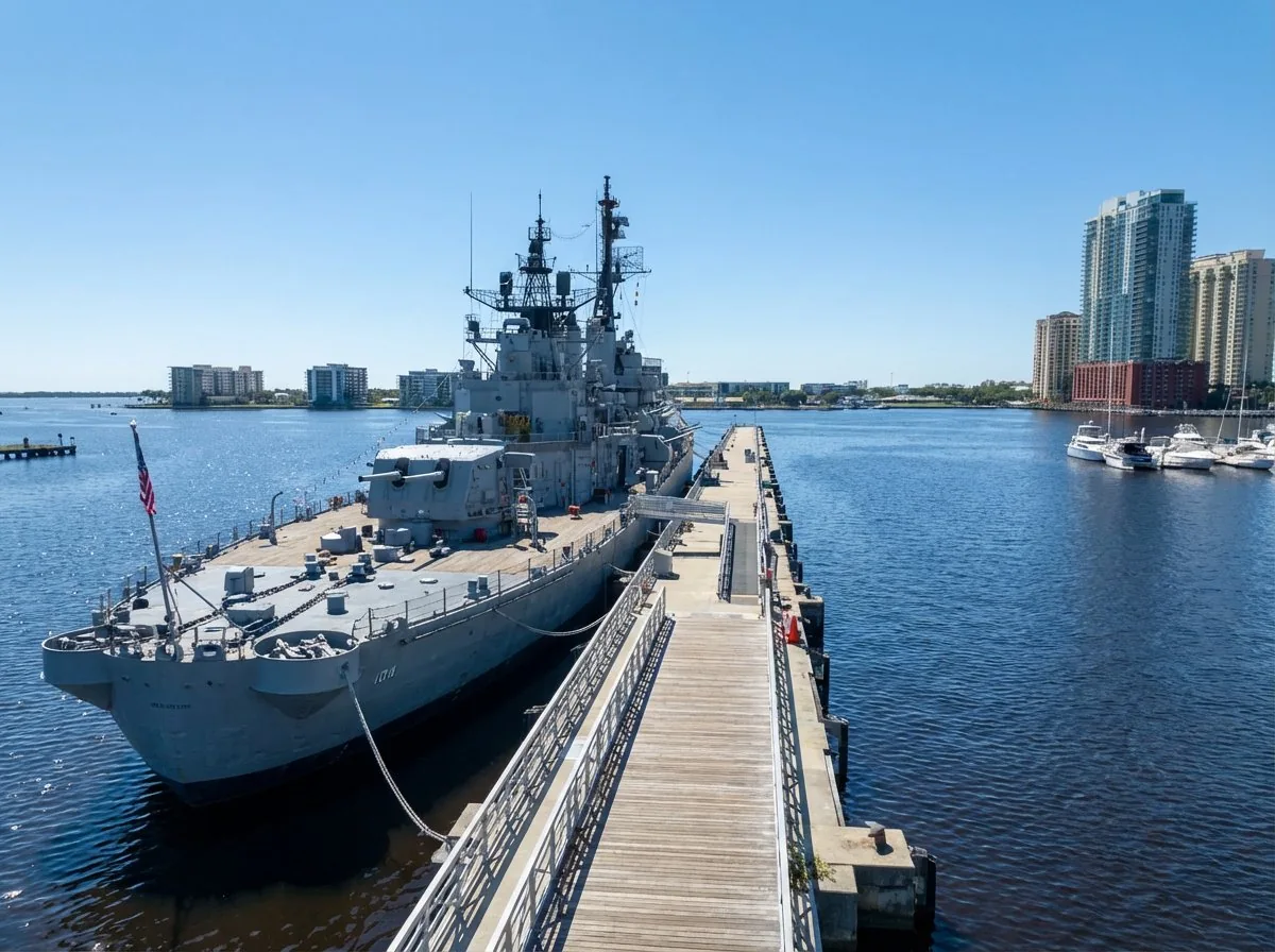 USS Orleck Navy destroyer docked on the St. Johns River in downtown Jacksonville